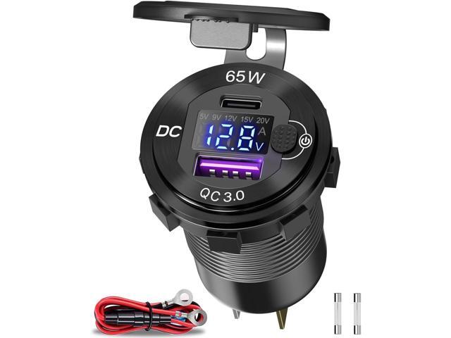 Qidoe Aluminum 12V USB Laptop Charger Socket with 65W PD USB-C, 18W QC3.0 Car USB Port and Digital Voltmeter Smart Boost 12V Socket for Car, RV,...