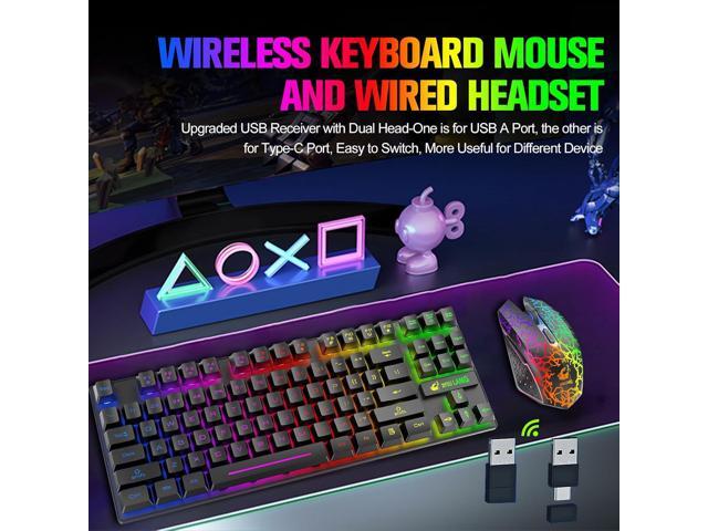 Wireless Gaming Keyboard and Mouse Combo with 87 Key Tenkeyless Rainbow LED Backlight Rechargeable 3800mAh Battery Anti-ghosting Ergonomic...