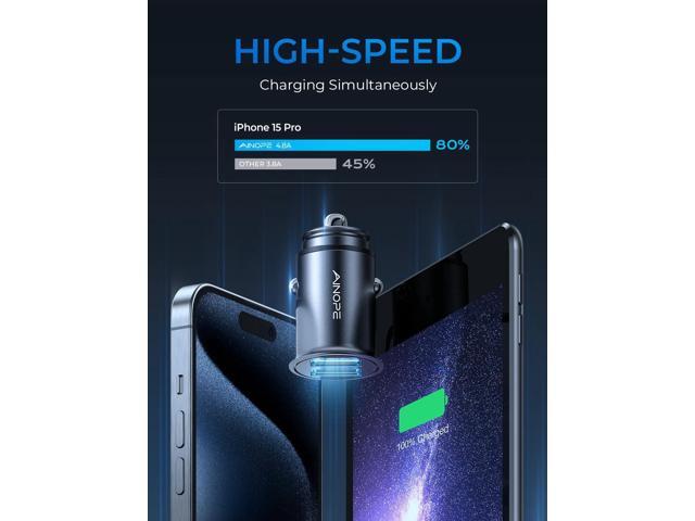 AINOPE Car Charger AdapterSmallest Metal 4.8A Cigarette Lighter USB Car Charger Adapter Dual Port 12V USB Outlet Flush Fit for iPhone 16 Pro...