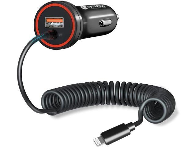 HUNDA iPhone Car Charger 48W Super Fast Car Phone Charger Cigarette Lighter USB Car Adapter with Build-in 5FT Coiled Lightning Cable Compatible...