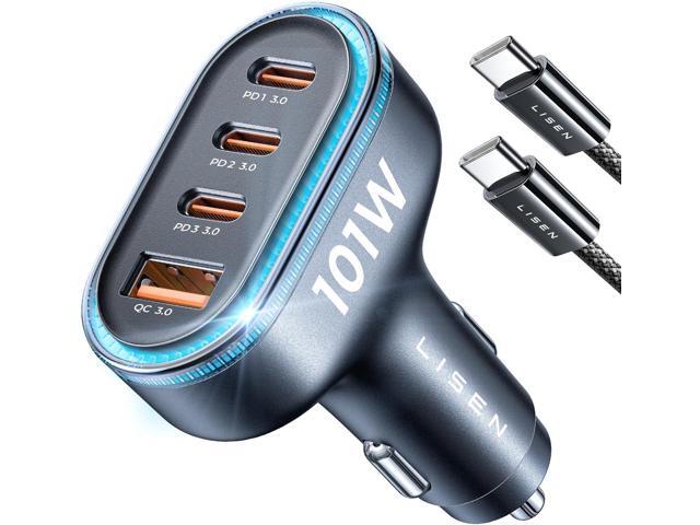 LISEN 101W USB C Car Charger 4 Port Super Fast Charging Car Charger Adapter PD3.0 & QC3.0 Cigarette Lighter Car USB Charger Multi Port with...