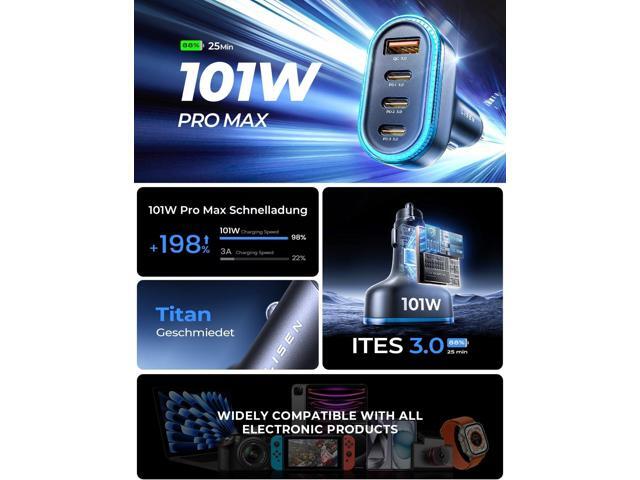 LISEN 101W USB C Car Charger 4 Port Super Fast Charging Car Charger Adapter PD3.0 & QC3.0 Cigarette Lighter Car USB Charger Multi Port with...