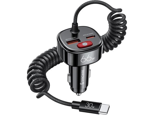 Syncwire USB C Car Charger with [Battery Leakage Prevention] 66W Super Fast Car Adapter with PD & QC 3.0 Built in 6FT Type C Coiled Cable for...