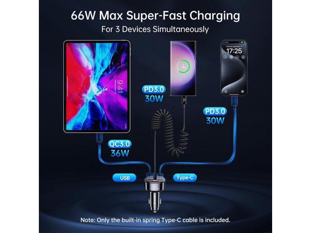 Syncwire USB C Car Charger with [Battery Leakage Prevention] 66W Super Fast Car Adapter with PD & QC 3.0 Built in 6FT Type C Coiled Cable for...
