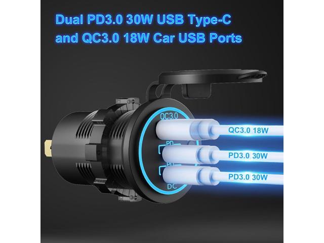12V USB Outlet Wire USB Charger Multi Port, Dual PD3.0 USB-C and Quick Charge3.0 Car Port Socket with Power Switch, Fast Charge for Phone lPad...
