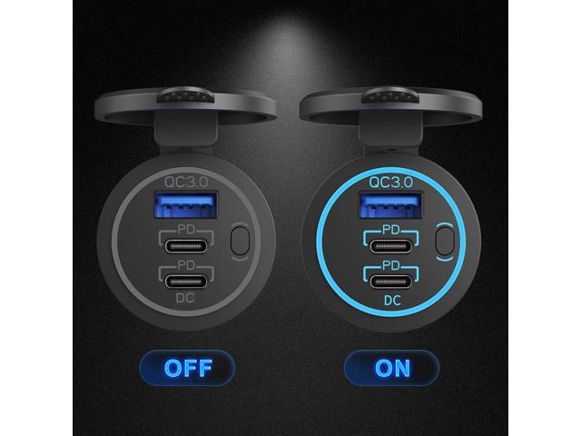 12V USB Outlet Wire USB Charger Multi Port, Dual PD3.0 USB-C and Quick Charge3.0 Car Port Socket with Power Switch, Fast Charge for Phone lPad...