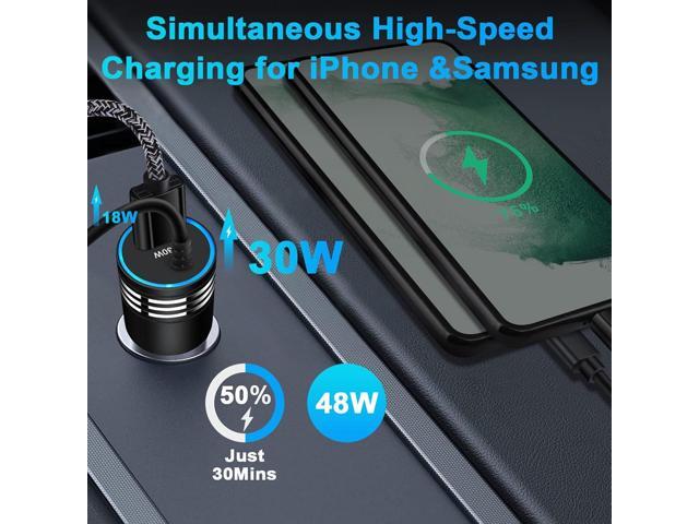 48W Super Fast Car Charger USB C Rapid Android Car Adapter with 30W Built-in Type C Fast Charging Cable for Samsung Galaxy S25 S24 S23 Ultra S22...