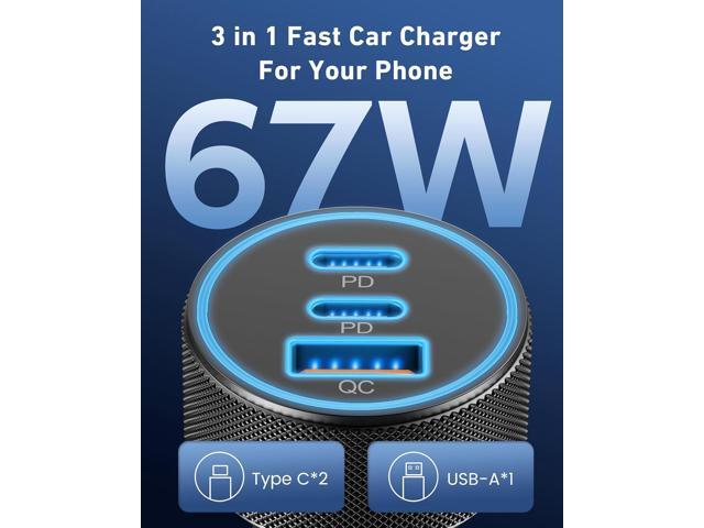 USB C Car Charger, 3-Port 67W Dual USB-C & USB-A Car Power Adapter PD/QC Fast Charging Cigarette Lighter for iPhone 15/14/13/12/11/Pro Max, iPad,...