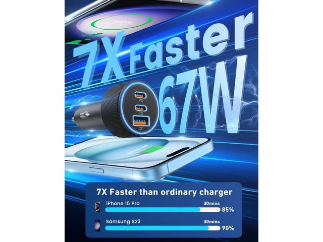 USB C Car Charger, 3-Port 67W Dual USB-C & USB-A Car Power Adapter PD/QC Fast Charging Cigarette Lighter for iPhone 15/14/13/12/11/Pro Max, iPad,...