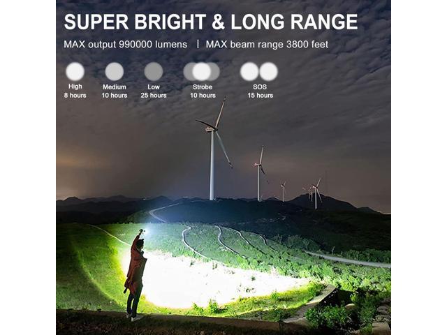 Rechargeable 990000 High Lumens LED Flashlights, XHP90.2 Super Bright Flashlight with Zoomable & 5 Modes & IPX7 Waterproof for Camping