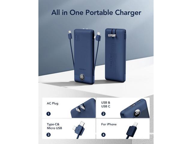 VEGER Portable Charger for iPhone with Built in Cables and Wall Plug, 10000mah Slim Fast Charging USB C Power Bank, Travel Essential Battery Pack...