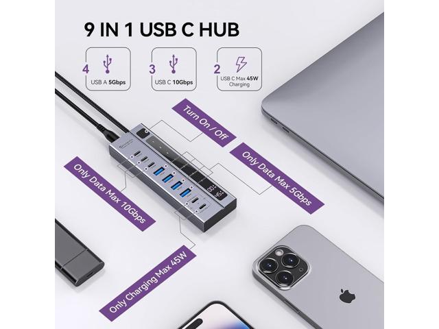 Minisopuru Powered USB C Hub Support Max 45W Charging with 72W Power Adapter, 10Gbps Data Transfer, USB C to USB C Hub Charging for Meta Quest...