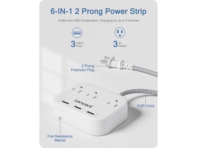 LENCENT 2 Prong Power Strip, 2 Prong to 3 Prong Outlet Adapter, 6.6 ft Braided Extension Cord with Polarized Plug, 3 AC Outlets & 3 USB(5V 3.4A...