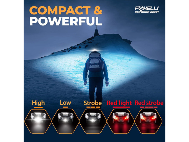Foxelli USB-C Rechargeable LED Headlamp Super Bright, Lightweight Head Lamp for Running, Camping, Hiking & Work Comfortable Fit for Adults & Kids