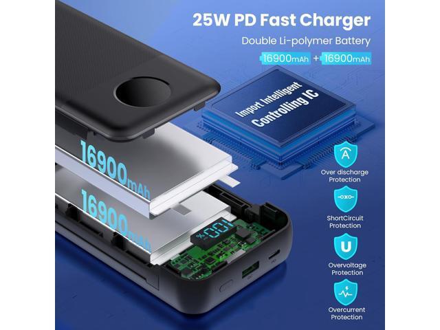 Portable Charger 33800mAh USB C Power Bank with Built-in Cables & AC Wall Plug,25W Fast Charging+QC 4.0 Phone Charger,4 Output LCD Display Battery...