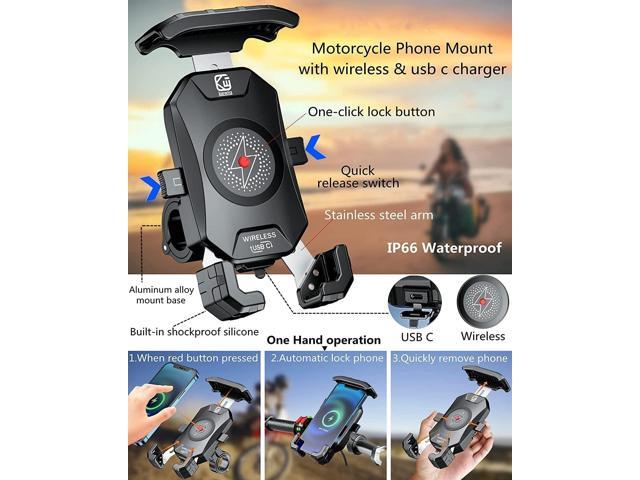 KEWIG Waterproof Motorcycle Phone Mount Qi 15W Wireless & USB C 20W Fast Chargeing Port, Automatically Lock & Quick Release Handlebar Cell Phone...