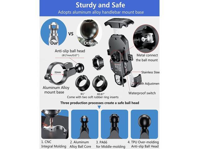 KEWIG Waterproof Motorcycle Phone Mount Qi 15W Wireless & USB C 20W Fast Chargeing Port, Automatically Lock & Quick Release Handlebar Cell Phone...