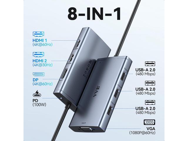 USB C Laptop Docking Station Dual Monitor Adapter for HP, 8 in 1 Docking Station 3 Monitors Hub with 2 HDMI*4K, Displayport, VGA, 3USB 2.0,100W...