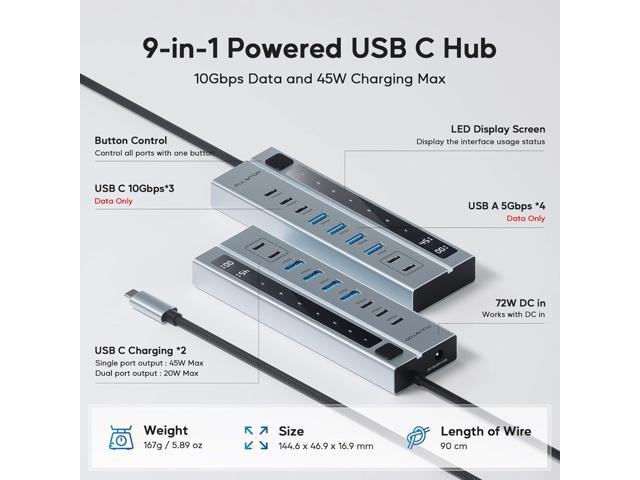 Powered USB C Hub, USB Hub Powered Support 10Gbps Data PD 45W Charging(Not Support Video) 3ft, 3 USB-C 10Gbps Ports, 4 USB 3.0 5Gbps Ports with 75W...