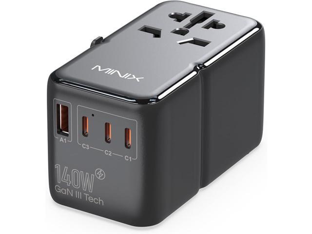 MINIX 140W Universal Travel Adapter, GaN III International Power Adapter, 3 USB-C 1 USB-A Ports, AC Outlet, Worldwide US/UK/EU/AU Travel Charger...