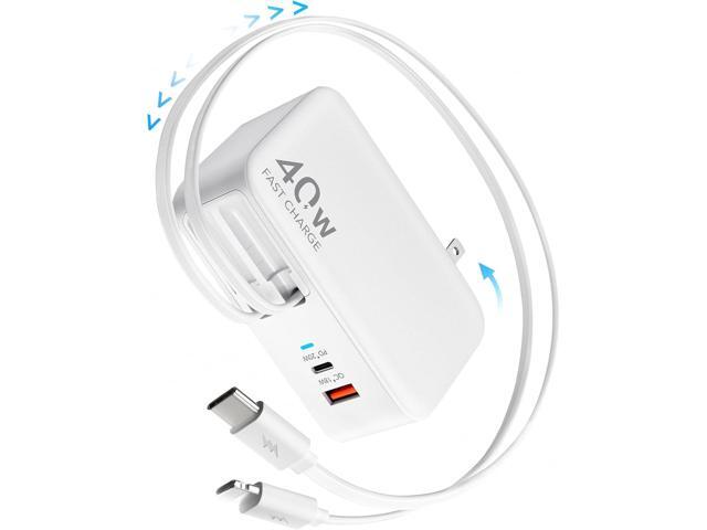 4-in-1 Retractable Gan Wall Charger Plug for iPhone 17 USB C,Travel Essentials Brick Multiport,3ft Lightening+ Type C Cables,40W Fast Charging...