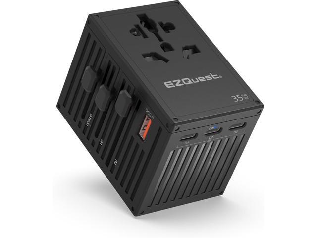 EZQuest WorldTravel 35W GaN 5-Port Wall Charger - Compact Universal Travel Adapter with 4 Plug Types (US/UK/EU/AU) for 200+ Countries - 4X USB-C &...