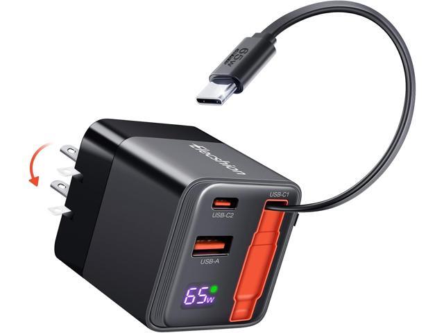 65W Retractable Charger, USB C Wall Charger Block Built-in Type C Cable & Dual Port, PD PPS Fast Charging GaN Power Adapter Travel Charger for...