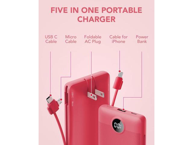 Portable Charger Built-in Cables and AC Wall Plug, VRURC USB C Power Bank 10000mAh, Travel Battery Portable Phone Charger Compact Lightweight...
