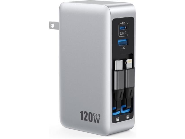 120W USB C Charger Block with 2 Built-in Retractable Cables,4-in-1 GaN IV Foldable Plug Wall Charger Fast Charging Station,PD 65W Laptop Adapter...