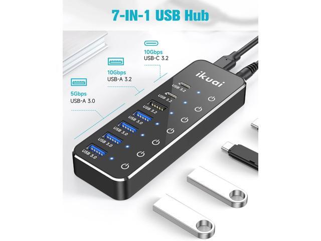 Powered USB Hub, ikuai 7-Port USB 3.2 / USB C Hub, with 3 10Gbps Data Ports (2 USB-C + 1 USB-A) and 4 USB A 3.0 Ports for PC Laptops