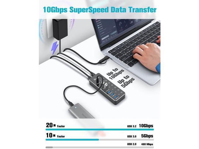 Powered USB Hub, ikuai 7-Port USB 3.2 / USB C Hub, with 3 10Gbps Data Ports (2 USB-C + 1 USB-A) and 4 USB A 3.0 Ports for PC Laptops