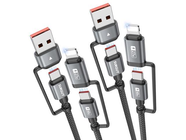 SUNGUY 4 in 1 Charging Cable 2FT [2 Pack], 60W Multi Charging Cable, USB-C/A to Lighting/C Cord for iPhone 17 16 15 14 Pro Max/iPad/MacBook/Samsung...