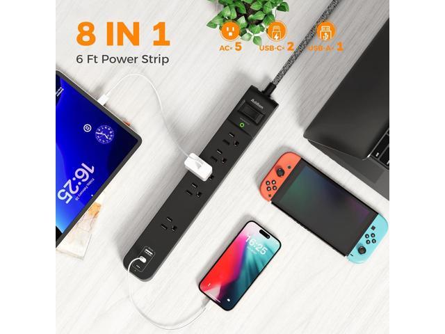 2 Pack Power Strip Surge Protector - 5 Widely Spaced Outlets 3 USB Charging Ports, 1875W/15A 6Ft Braided Extension Cord, Flat Plug Overload...