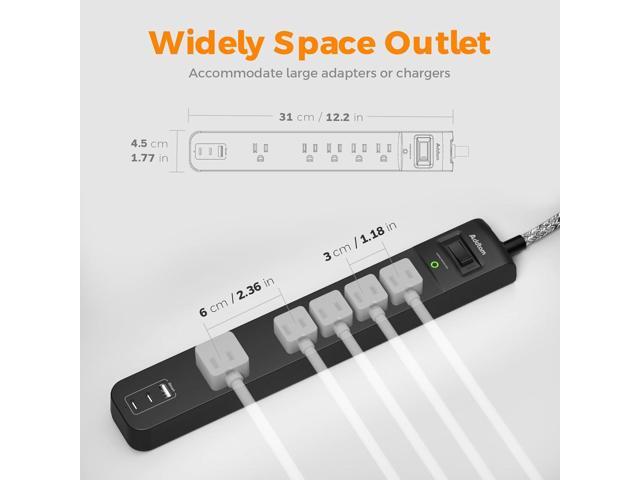 2 Pack Power Strip Surge Protector - 5 Widely Spaced Outlets 3 USB Charging Ports, 1875W/15A 6Ft Braided Extension Cord, Flat Plug Overload...