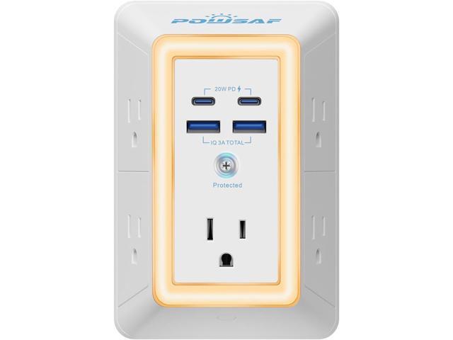 Multi Plug Outlet Surge Protector - POWSAF 5 Outlet Extender with 4 USB Ports(2 USB-C PD 20W) and Night Light, 3-Sided Power Strip with Adapter...