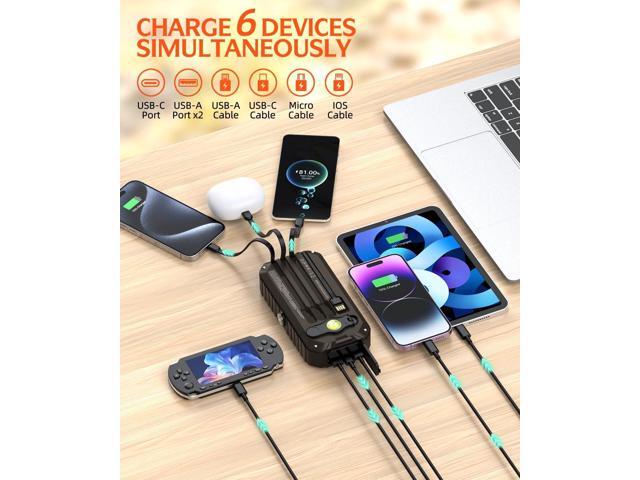 QiSa Solar Charger Power Bank 40000mAh Built in 4 Cables and Hand Crank, Portable Charger 22.5W Fast Charger 6 Outputs & 4 Inputs External Battery...