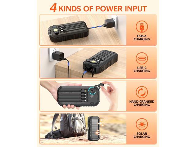 QiSa Solar Charger Power Bank 40000mAh Built in 4 Cables and Hand Crank, Portable Charger 22.5W Fast Charger 6 Outputs & 4 Inputs External Battery...