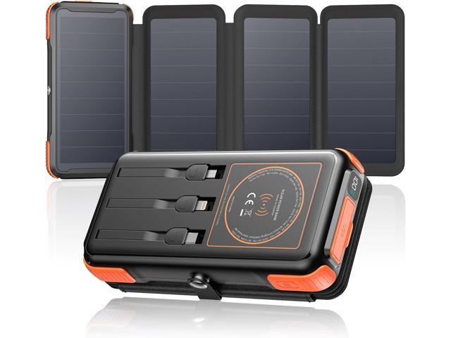 SOARAISE Wireless Solar Power Bank, 25000mAh Solar Charger with Built-in 3 Cables, Dual Outputs, 4 Solar Panels & 3 LED Flashlights, Portable Phone...