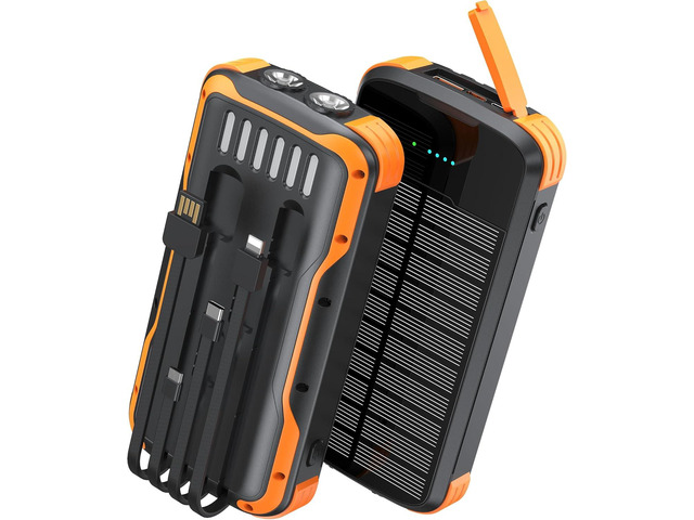 Solar Charger Power Bank, PD 20W Fast Charging External Batter, 40000mAh Portable Phone Charger Built in 4 Cables with Dual Bright Flashlights for...
