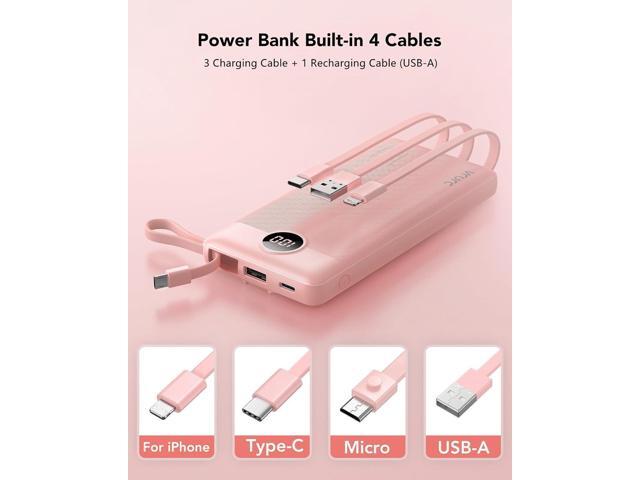 VRURC Portable Charger Power Bank, 10000mAh Travel Essentials Battery Pack, 5 Outputs 2 Inputs Slim Charging Bank Built-in Cables Cords Wires...