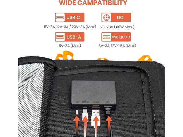 60W Portable Solar Panel for Power Station, 24% High Efficiency Foldable Solar Charger with QC3.0 USB-A PD3.0 DC Output, IP67 Waterproof Solar...