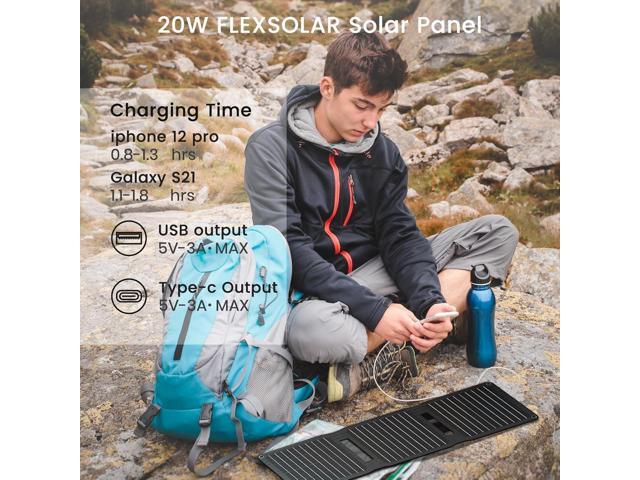 [Upgraded] FlexSolar 20W Portable Solar Panel, High Efficiency ETFE Foldable Panels with 5V USB A/USB C Ports, IP67 Waterproof Power Emergency...