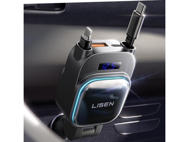 LISEN 96W Retractable Car Charger[USB C Cable & L Cable], 4 in 1 Fast Charging Retractable Car Charger with Voltage Detection & Ambient Lighting...