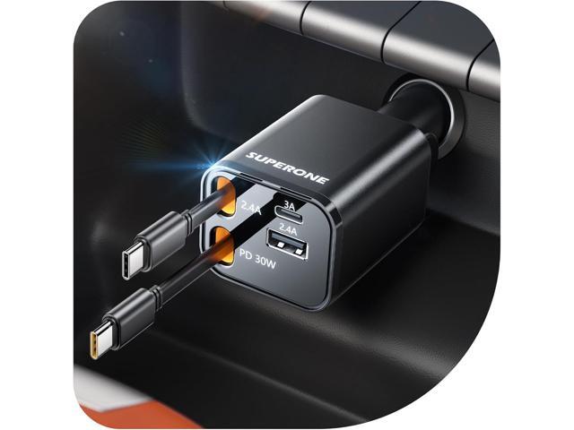 SUPERONE Retractable USB C Car Charger, 4-in-1 Fast Charging with Dual Type C Cable, Car Accessories for iPhone 16/15/14/13/12 Series, iPad,...