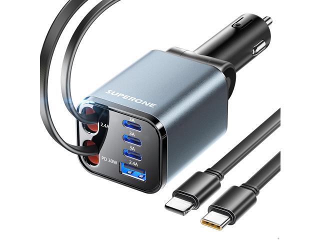 Upgraded SUPERONE Retractable Car Charger, [Ultra-Compact] 6-Port Car Charger USB C, iPhone Car Chargers Fast Charging with USB C & Apple Cable,...