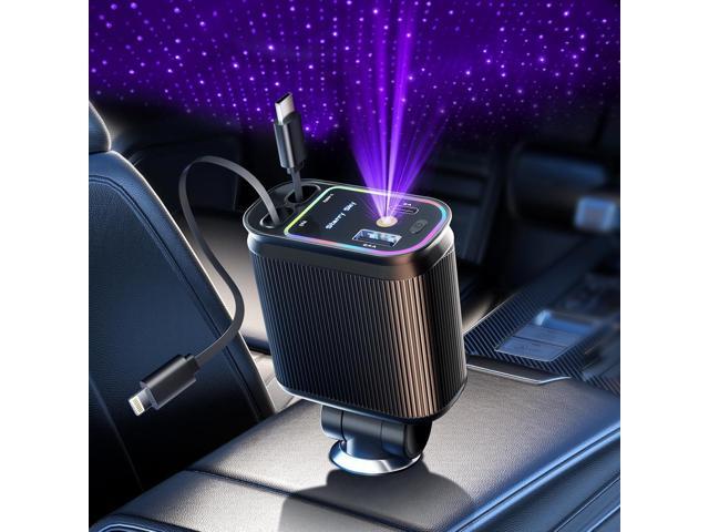 Retractable Car Charger with Starlight, 66W Starlight in Car roof 4 in 1 Retractable Car Phone Charger Adapter, Fast Charging USB C Cable,...