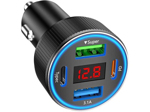 Car Charger USB C, 78W 4 Port Fast Charging Car Phone Charger Adapter, Dual USB-C & USB-A Cigarette Lighter Adapter with Voltmeter Type C Vehicle...