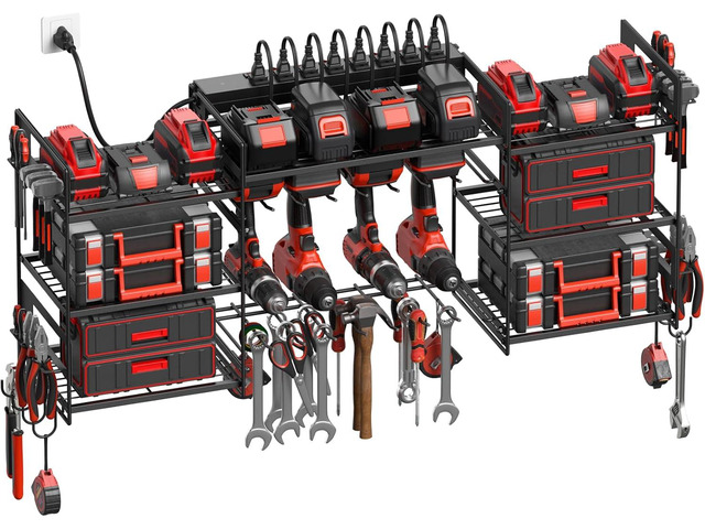 CCCEI Black Power Tool Organizer Wall Mount, Large Tools and Battery Storage Rack Charging Station Individual Switches. Drills Holder, Garage...