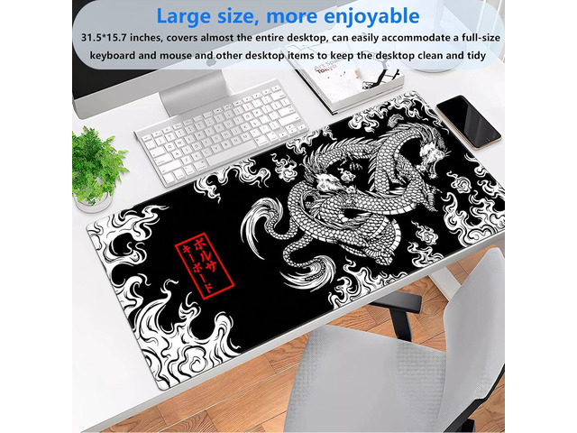 Black and White Mouse Pad Extra Large Gaming Mousepad XL Dragon Desk Mats Japanese Full Desk Keyboard Mat Computer Pad Desk Matt with Stitched...
