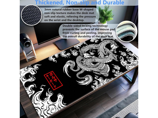 Black and White Mouse Pad Extra Large Gaming Mousepad XL Dragon Desk Mats Japanese Full Desk Keyboard Mat Computer Pad Desk Matt with Stitched...